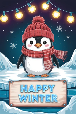 Plantilla de diseño de pingüino feliz para tarjetas de felicitación navideñas