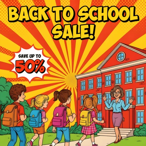 Arte de parede de volta às aulas, quadrinhos coloridos com alunos, professor e design de banner de bolha de desconto para folhetos promocionais.