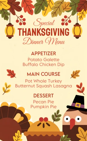 Thanksgiving Dinner Menu Design Template with Festive Autumn Elements for Holiday Celebrations