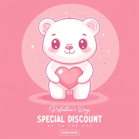 Valentine's Day Discount Template Design with Cute Bear Character