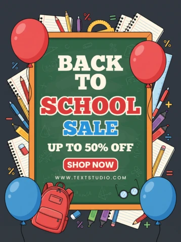 Back to School Sale Poster with Blackboard and Colorful School Supplies and Balloons