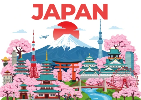 Japanische Kultur Poster Mount Fuji, Torii-Tor, Kirschblüten und Tokyo Skytree in malerischem Panorama