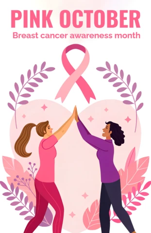 Pink October Awareness Month Design Template for Posters Featuring Supportive Women and Ribbon Graphics