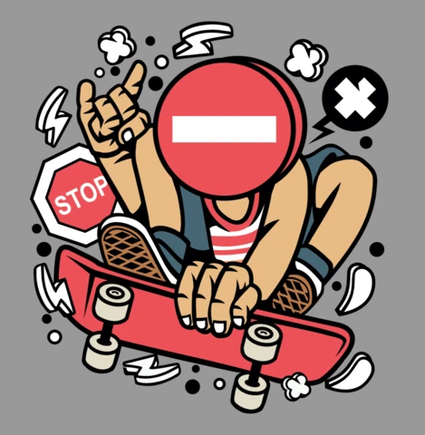 Plantilla de diseño de personaje de dibujos animados de patineta con señal de stop
