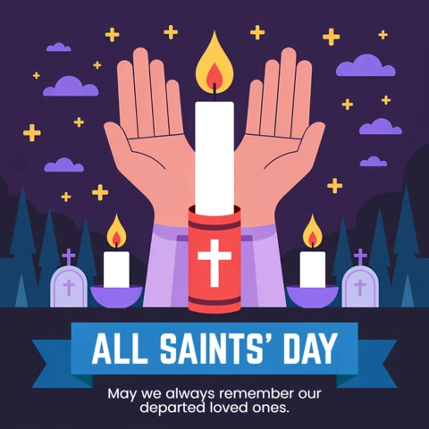 All Saints' Day Design with Praying Hands for Memorial Greeting Cards Template