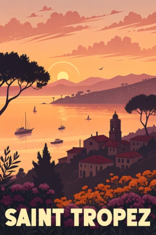 Plantilla de diseño de paisaje vintage para cartel de Saint Tropez
