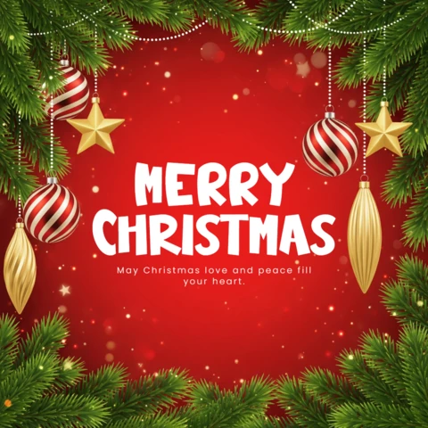 Tarjeta de felicitación estacional elegante guirnalda con decoraciones colgantes enmarcando un diseño de sentimiento navideño sincero.