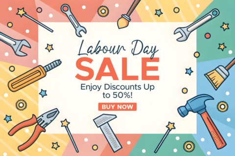 Modèle de conception pour les soldes de la fête du travail : outils colorés et réductions allant jusqu'à 50 % !
