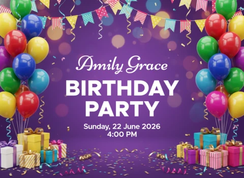 Convite para celebração de aniversário fundo roxo com balões, confetes, bandeirinhas e tema de festa festiva