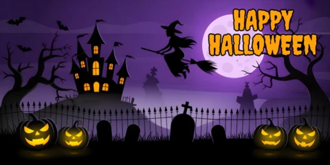 Halloween-Friedhof bei Mondschein mit Kürbislaternen und Spukhaus YouTube-Cover-Designvorlage