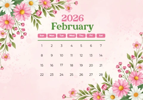 Calendar Poster February 2026 Floral Valentine Glow Edition with Elegant Typography and Pastel Accents