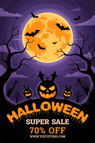 Modelo de cartaz de venda de Halloween assustador com design de abóboras e morcegos.