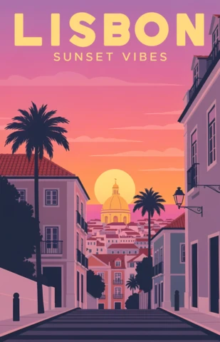 Lisbon Sunset Vibes Design for Retro Flat Travel Posters