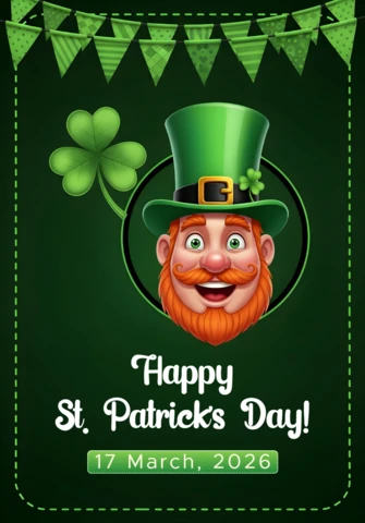 St Patricks Day Greeting Card Design with Cartoon Leprechaun and Shamrock Template