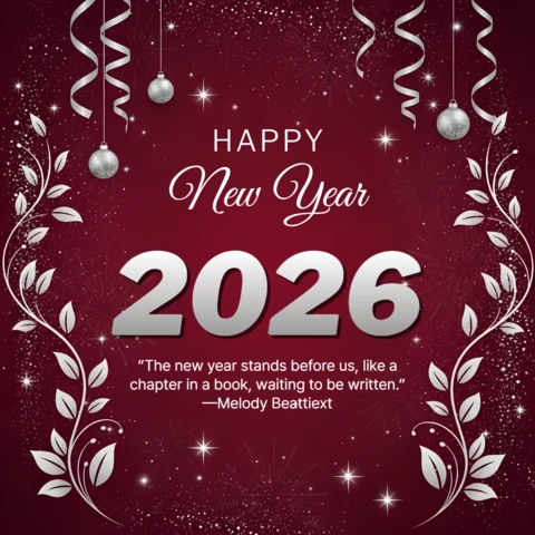 Elegant New Year 2026 Greeting Card Template with Silver Floral Design