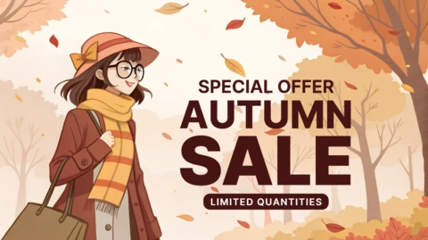 Autumn Sale Design Template with Cozy Manga Character in Fall Landscape for Promotional Flyers