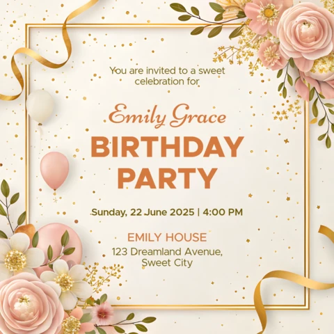 Modelo de convite elegante para festa de aniversário com tema floral - design editável para comemorações