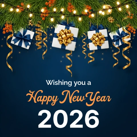 Festive New Year 2026 Greeting Card Template with Gifts and Decorations Design