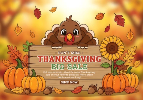 Cheerful Turkey, Seasonal Decor & Promotional Chalkboard Sign Thanksgiving Promotional Sale Banner Design Template