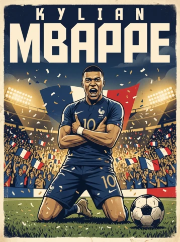 Vintage retro plakat piłkarski Kylian Mbappé – klasyczna ilustracja francuskiej reprezentacji narodowej z celebracją z założonymi rękami i fanami na trybunach, dekoracja ścienna 2026