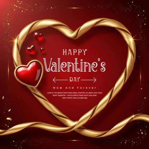 Valentine’s Day Card with Golden Ribbon Heart, Glossy Red Accents, and Romantic Quote On Deep Red Background