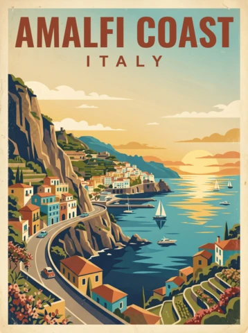 Côte Amalfitaine Italie affiche de voyage vintage rétro coucher de soleil côtier méditerranéen route panoramique falaises voiliers illustration