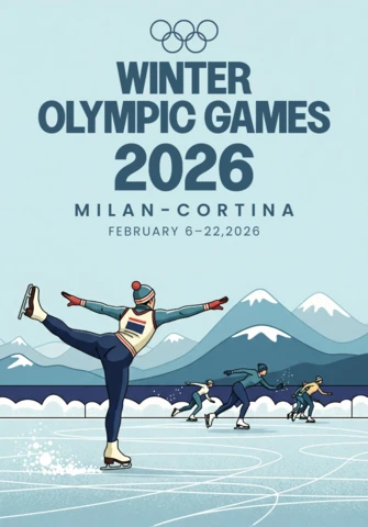 2026年冬季ミラノ・コルティナオリンピックポスター、フィギュアスケーター、雪山、そしてミラノ・コルティナのエレガンス