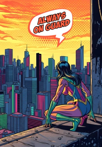 Siempre en guardia, superhéroe vigilante sobre el diseño de cartel de la ciudad al atardecer.