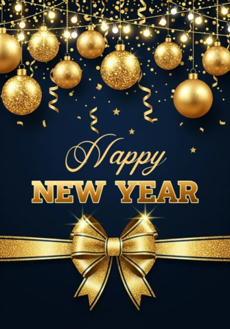 New Year Greeting Template Elegant Design with Hanging Decorations and Festive Ribbon Accents