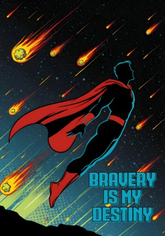 Le courage est mon destin, super-héros volant à travers l'espace avec des météores, modèle de design d'affiche.