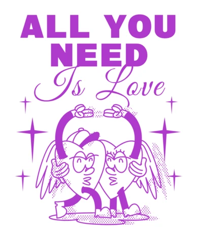 Template de design gráfico com tema de amor para camisetas com personagens de coração fofos
