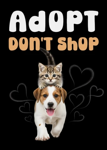 Adopta, no compres, plantilla de diseño para carteles de rescate animal con mascotas adorables.