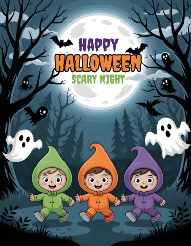 Affiche de nuit d'Halloween défilé de trick-or-treat à travers les bois hantés avec un design de lune lumineuse modèle pour flyers festifs