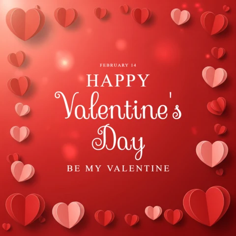 Valentine’s Day Greeting Card with 3D Red and Pink Hearts Framing Bold White Text On Deep Red Background