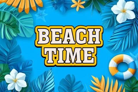 Vibrant Beach Time Design Template with Tropical Leaves and Floral Accents
