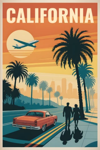 カリフォルニアのヴィンテージ旅行ポスターデザインテンプレート、ヤシの木とレトロカー付き