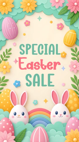 Colorful Easter Sale Design Template with Cute Bunnies and Floral Elements