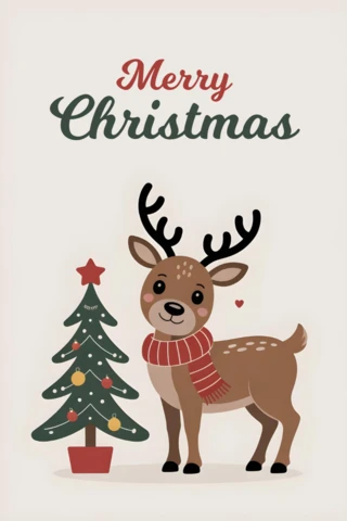 Tarjeta de Navidad alegre con ilustración de reno, árbol, tipografía rojo-verde y diseño de detalle en forma de corazón.