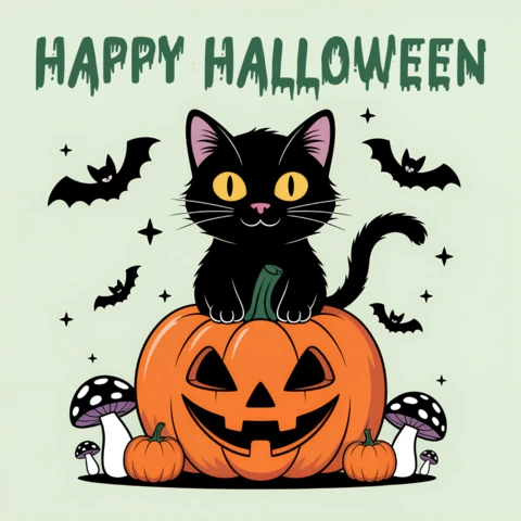 Plantilla de diseño de gato y calabaza para camiseta de Halloween feliz