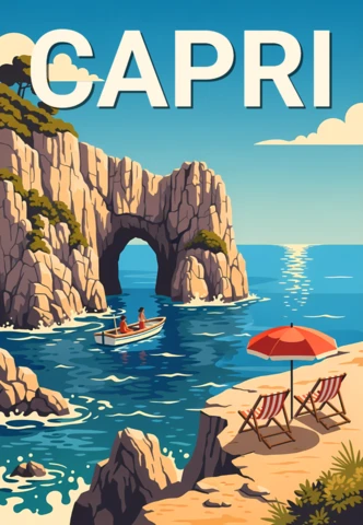 Template de design retro da cena da praia de Capri para pôsteres de viagem
