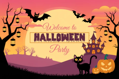 猫とカボチャのデザインの spooky ハロウィンパーティー招待状テンプレート
