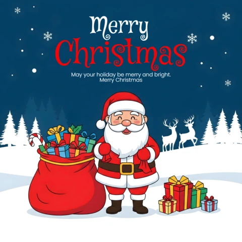Santa with Gift Sack and Reindeer in Snowy Forest Scene with Merry and Bright Wishes Poster Design Template