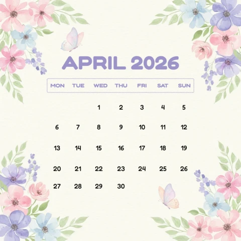 Elegant Pastel Background with Flowers, Butterflies, and Decorative Border Theme April 2026 Calendar Poster