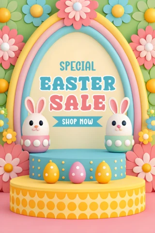 Colorida plantilla de diseño de venta de Pascua con conejito juguetón y elementos florales