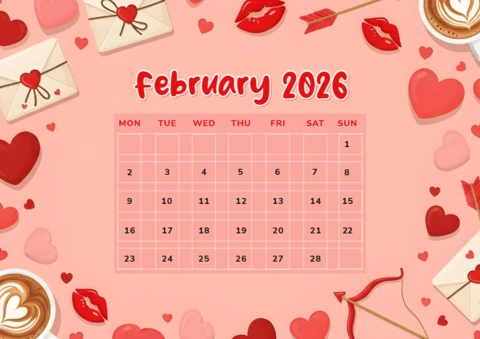 Valentine's Day Calendar Template Design with Hearts and Love Elements for Monthly Planner
