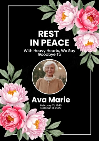 Memorial Poster Circular Photo Tribute with Pink & White Peonies, Rest in Peace Design Template