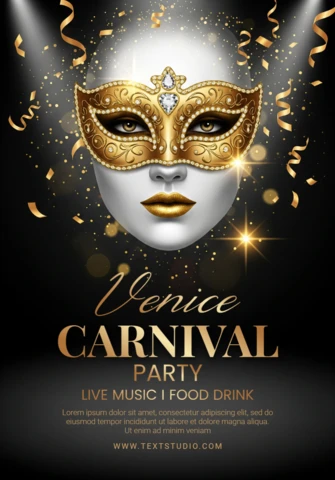 Póster de fiesta de carnaval de lujo en Venecia con máscara joyada con acentos de corona y serpentinas doradas para eventos de temática veneciana.