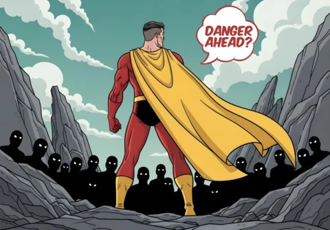 Danger Ahead Superhero Facing Shadowy Figures with Glowing Eyes Poster Design Template