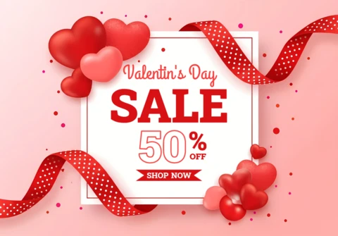 Plantilla de venta del día de San Valentín con diseño de corazones y cintas para volantes promocionales.