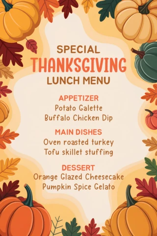 Thanksgiving Menu Template with Autumn Leaves and Pumpkins Design for Seasonal Events